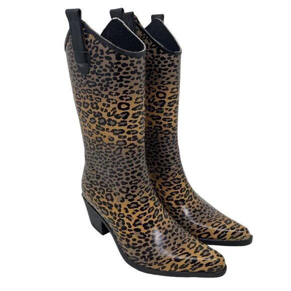 Ride Tecs Women's Leopard Animal Print Black Slip On Rubber Cowboy Boots Size 6 - Picture 1 of 9